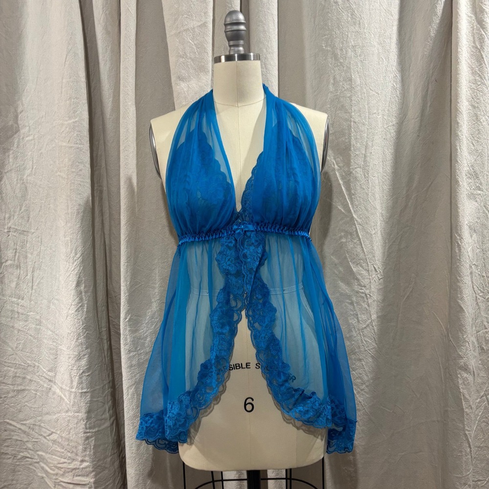 Fredericks of Hollywood Blue Lace Halter‎ Babydoll Chemise Lingerie XL